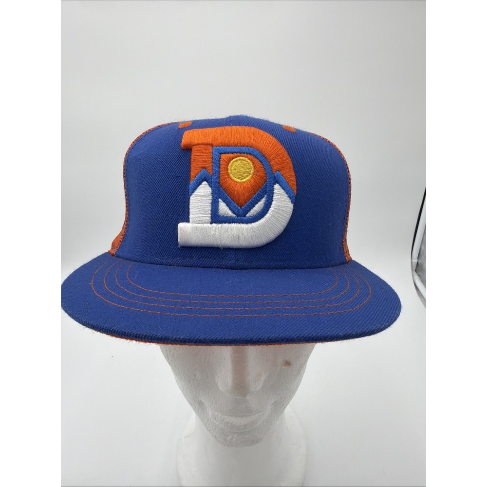 Aksels Hat SnapBack it has a big D with mountains in the background  Blue Orange